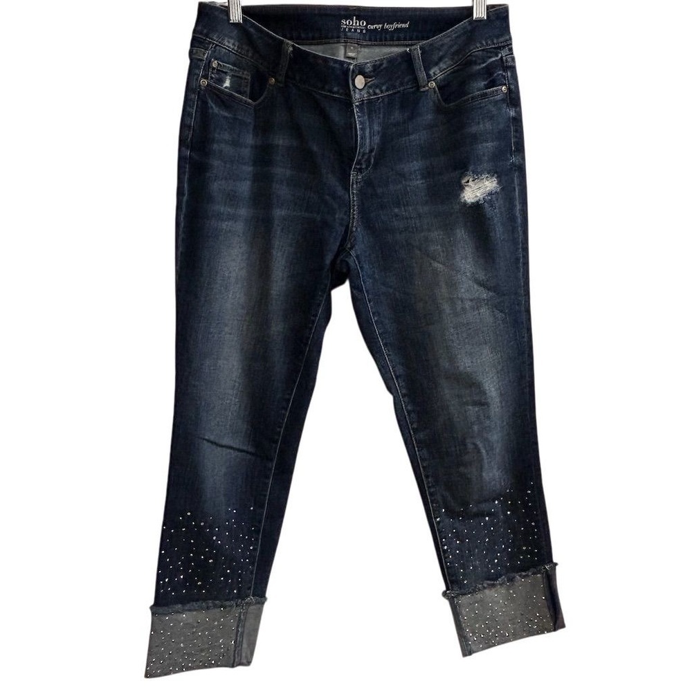 Soho‎ Women's Curvy Boyfriend Jeans Size 10 Blue Distressed Denim Cuffs